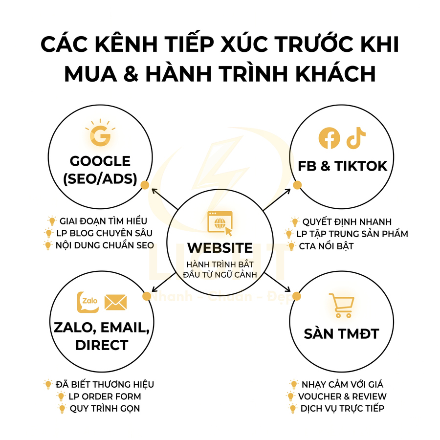 Sơ đồ các kênh tiếp xúc khách hàng trước khi mua: Google, Facebook, TikTok, Zalo, email, sàn thương mại điện tử và website