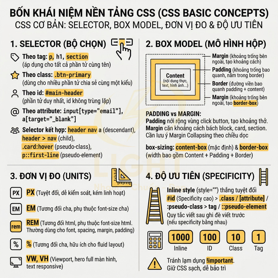 Infographic tóm tắt các khái niệm CSS cơ bản gồm selector, box model, đơn vị đo và độ ưu tiên trong CSS