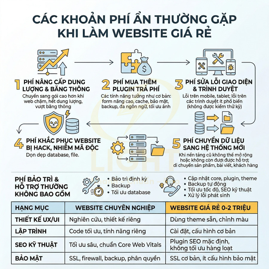 Infographic các khoản phí ẩn thường gặp khi làm website giá rẻ và so sánh với website chuyên nghiệp
