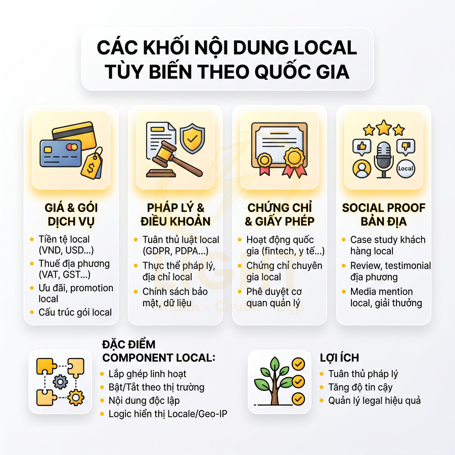 Infographic các khối nội dung local tùy biến theo quốc gia về giá dịch vụ, pháp lý, chứng chỉ và social proof bản địa