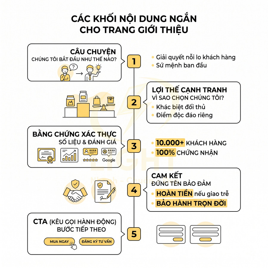 Các khối nội dung ngắn cho trang giới thiệu gồm câu chuyện, lợi thế cạnh tranh, bằng chứng, cam kết và CTA