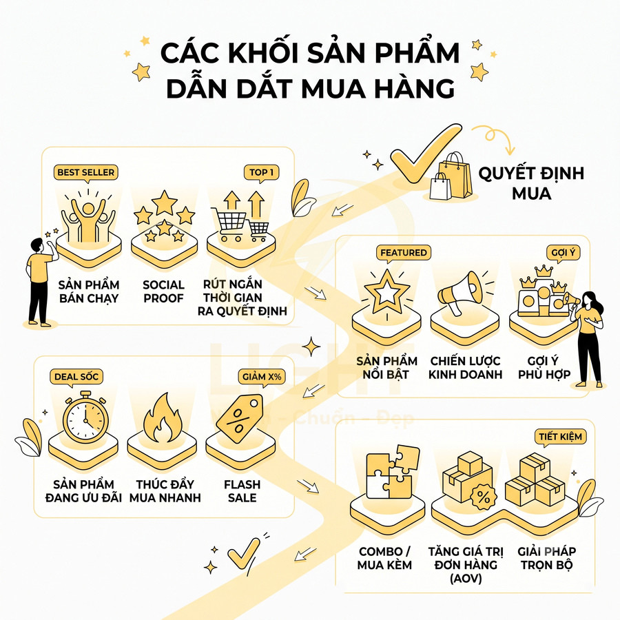 Minh họa các khối sản phẩm bán chạy, nổi bật, ưu đãi, combo và giải pháp trọn bộ dẫn dắt quyết định mua hàng