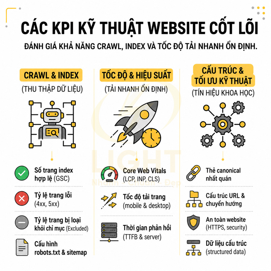 Các KPI kỹ thuật website cốt lõi về crawl index tốc độ tải và cấu trúc tối ưu SEO