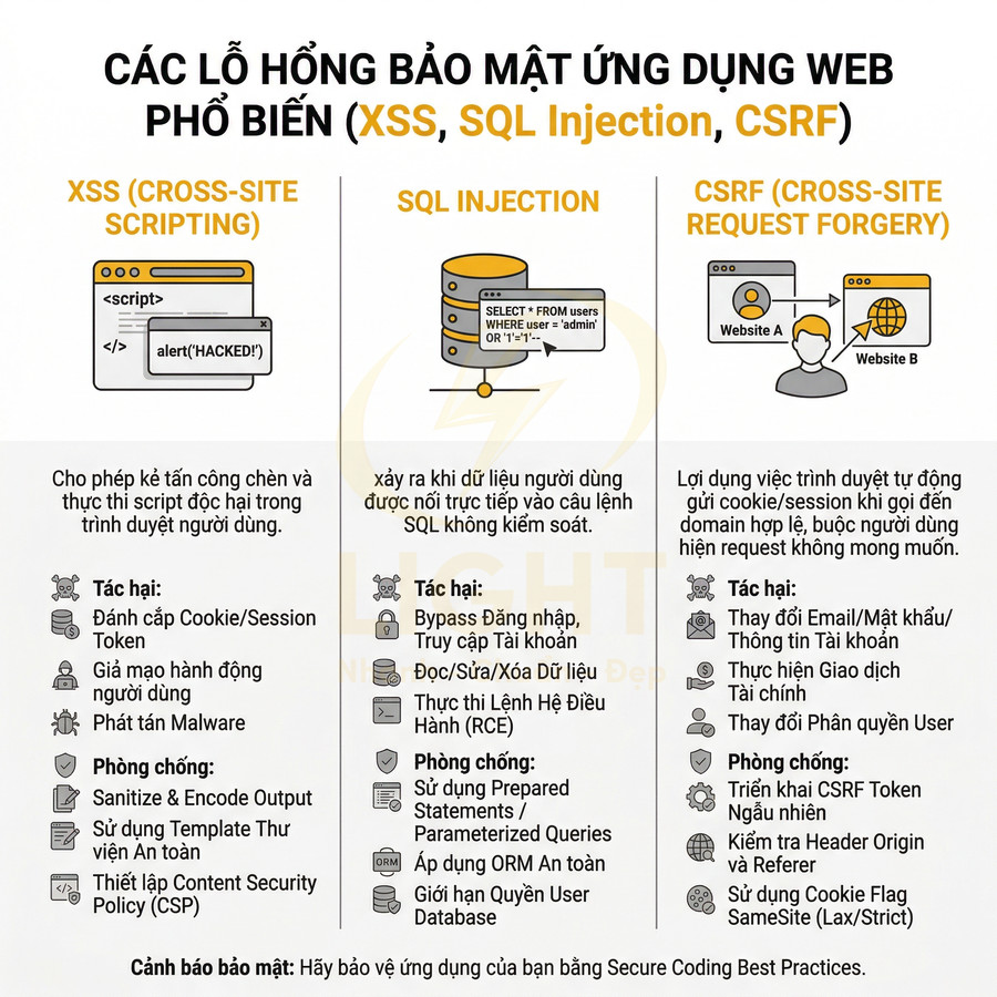 Infographic các lỗ hổng bảo mật web phổ biến XSS SQL Injection CSRF tác hại và cách phòng chống