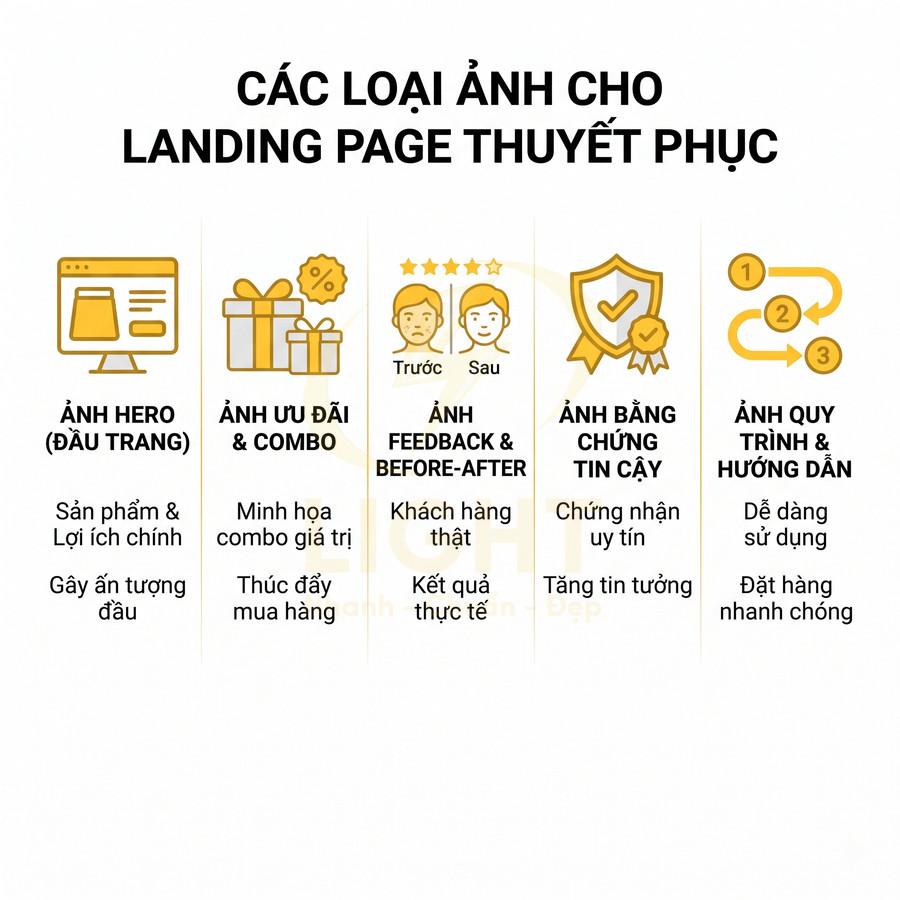Các loại hình ảnh nên dùng trên landing page thuyết phục: hero, ưu đãi combo, feedback, chứng thực, quy trình