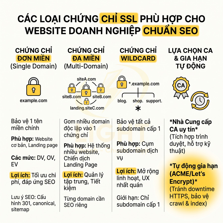 Các loại chứng chỉ SSL cho website doanh nghiệp chuẩn SEO gồm đơn miền, đa miền, wildcard và gia hạn tự động