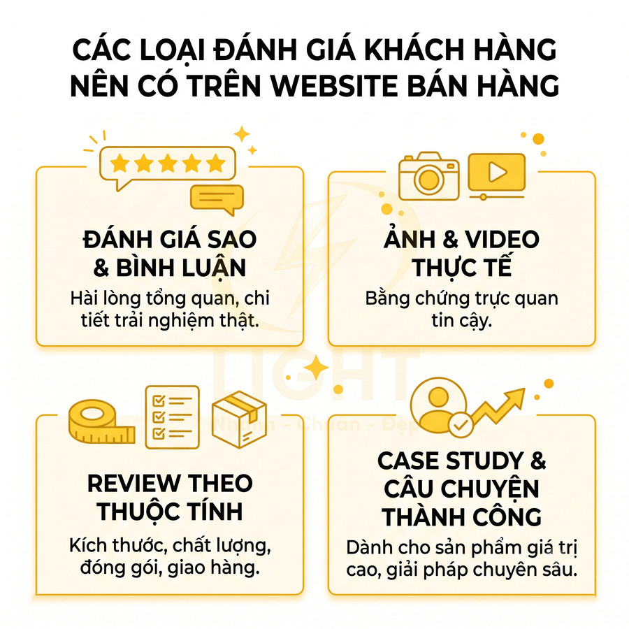 Các loại đánh giá khách hàng nên có trên website bán hàng với sao, bình luận, ảnh video, review thuộc tính, case study