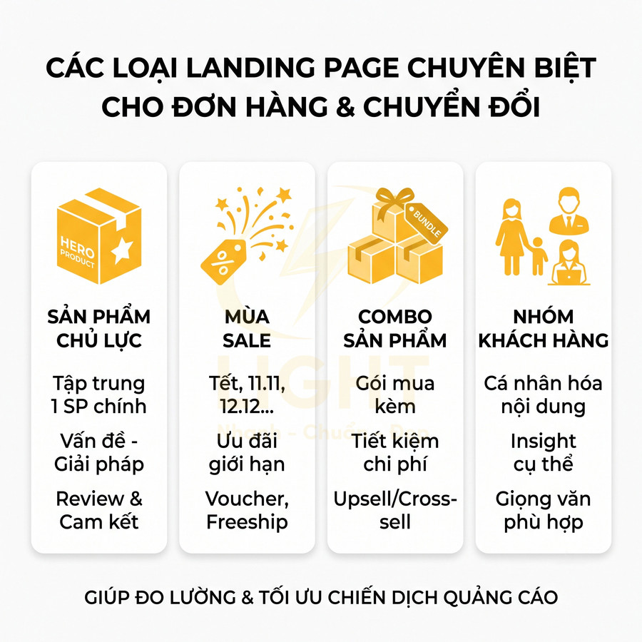 Các loại landing page chuyên biệt cho đơn hàng và chuyển đổi với 4 nhóm nội dung chính bằng icon minh họa