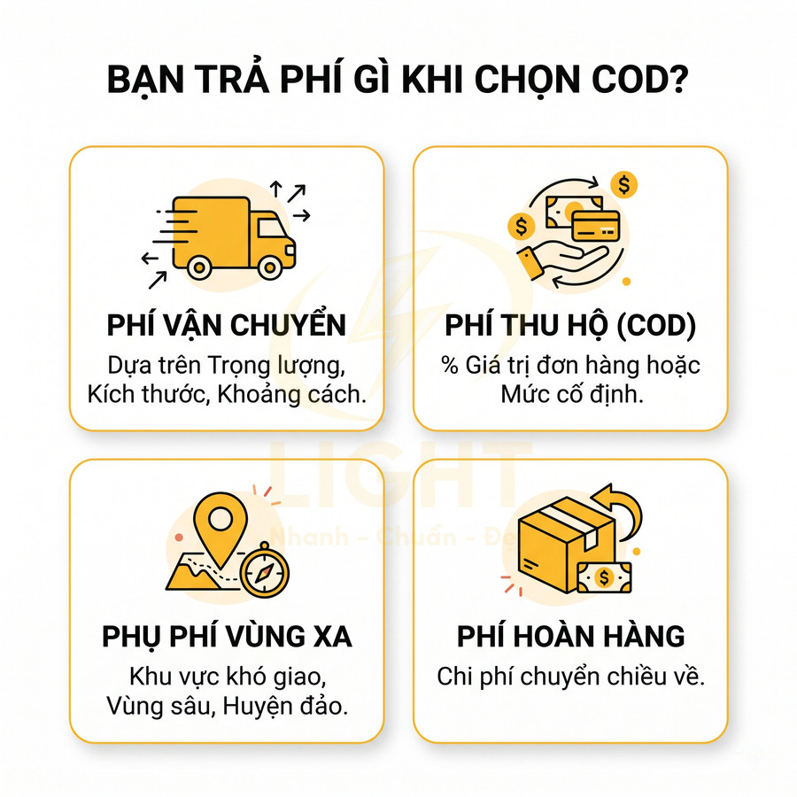 Infographic các loại phí khi chọn COD gồm phí vận chuyển, phí thu hộ, phụ phí vùng xa và phí hoàn hàng