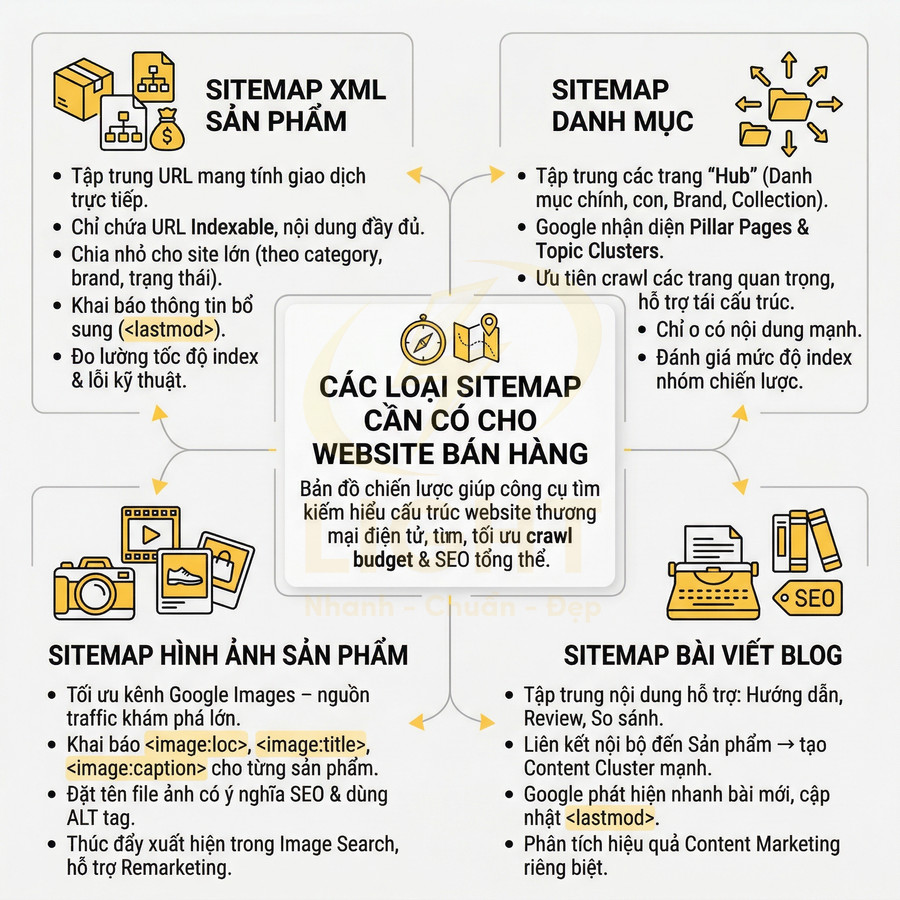 Infographic các loại sitemap cần có cho website bán hàng và lợi ích SEO cho sản phẩm, danh mục, hình ảnh, bài viết