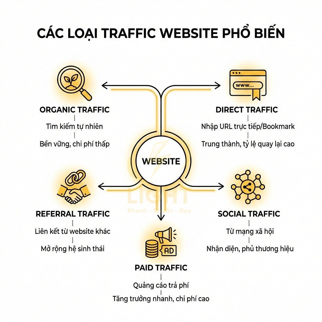Các loại traffic website phổ biến gồm organic, direct, referral, social và paid traffic