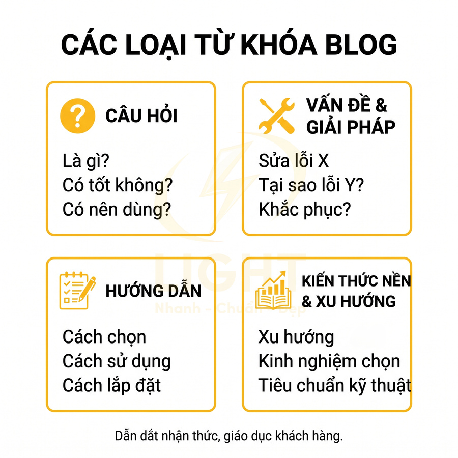 Các loại từ khóa blog gồm câu hỏi, vấn đề giải pháp, hướng dẫn, kiến thức nền và xu hướng marketing