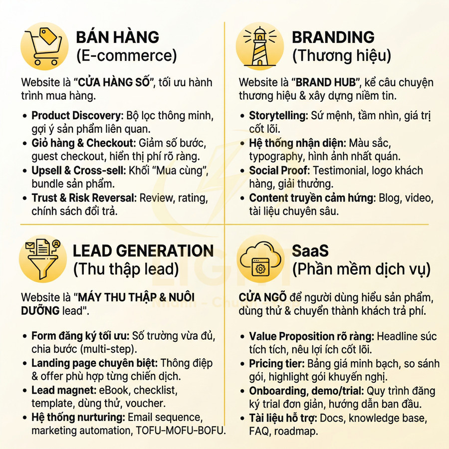 Infographic tiếng Việt về 4 loại website: bán hàng, branding, lead generation và SaaS cùng các tính năng chính
