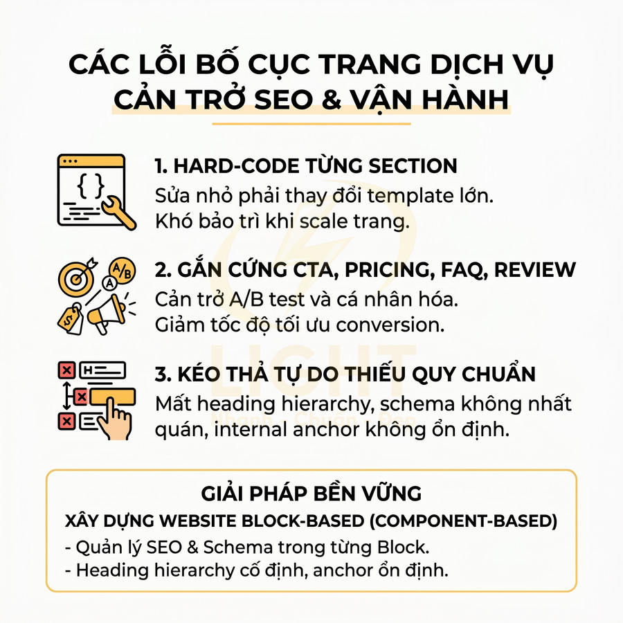 Các lỗi bố cục trang dịch vụ cản trở SEO và giải pháp xây dựng website block based component based
