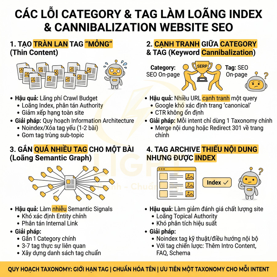 Các lỗi sử dụng category và tag làm loãng index, cannibalization và cách tối ưu taxonomy SEO website