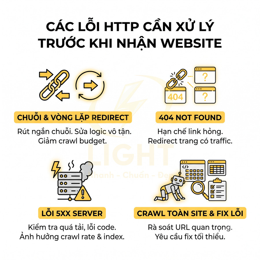 Các lỗi HTTP cần xử lý trước khi nhận website gồm redirect, 404, lỗi 5xx server và crawl toàn site