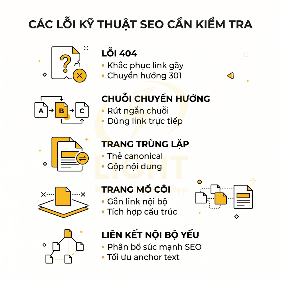 Các lỗi kỹ thuật SEO cần kiểm tra như lỗi 404, chuỗi chuyển hướng, trang trùng lặp, trang mồ côi, liên kết nội bộ yếu