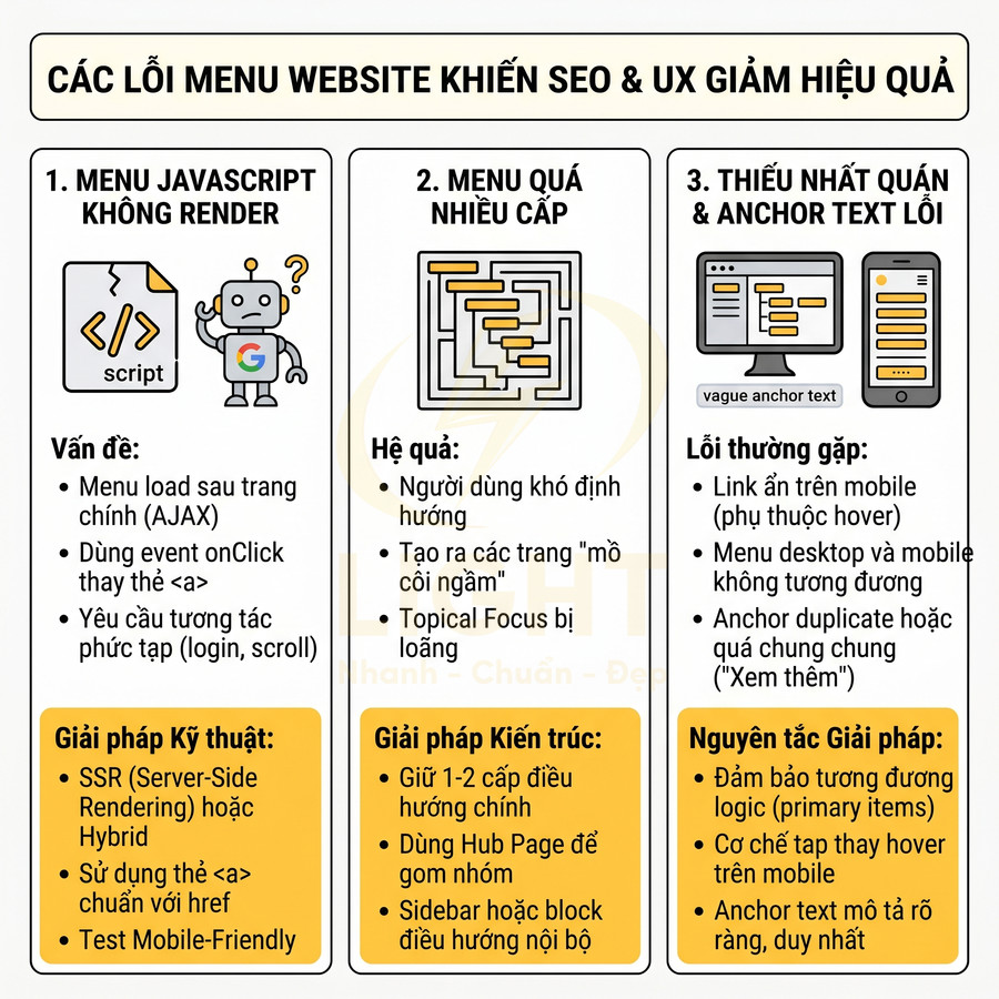 Các lỗi menu website ảnh hưởng SEO và UX kèm giải pháp kỹ thuật và kiến trúc tối ưu điều hướng
