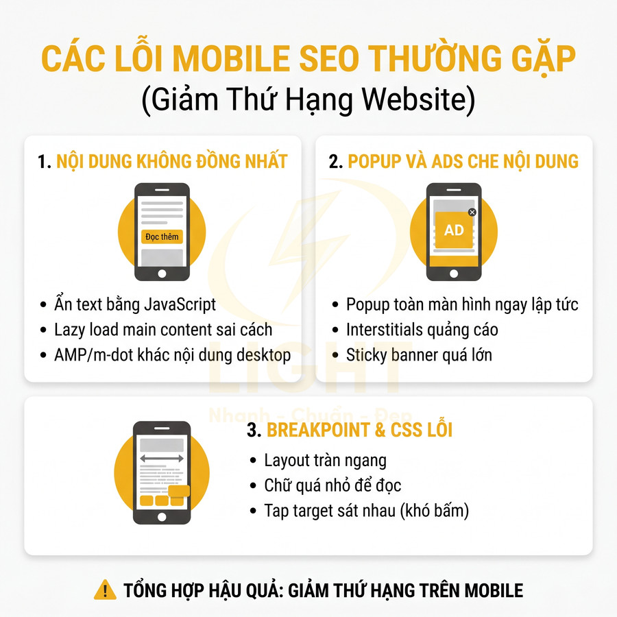 Các lỗi mobile SEO thường gặp như nội dung không đồng nhất, popup che nội dung, breakpoint và CSS lỗi