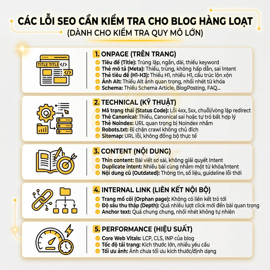 Danh sách các lỗi SEO quan trọng cần kiểm tra cho blog gồm onpage, kỹ thuật, nội dung, internal link và hiệu suất