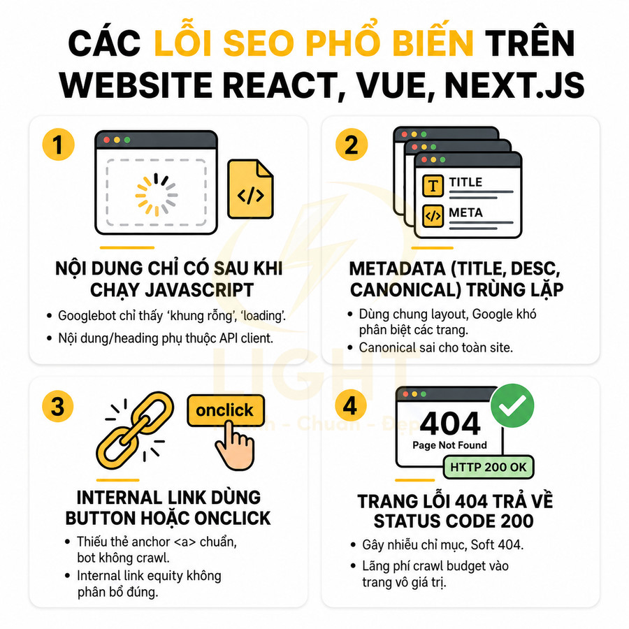 Các lỗi SEO phổ biến trên website React, Vue, Next.js và cách mô tả từng lỗi trực quan
