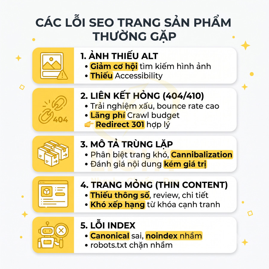 Infographic các lỗi SEO thường gặp trên trang sản phẩm như ảnh thiếu alt, liên kết hỏng, mô tả trùng lặp