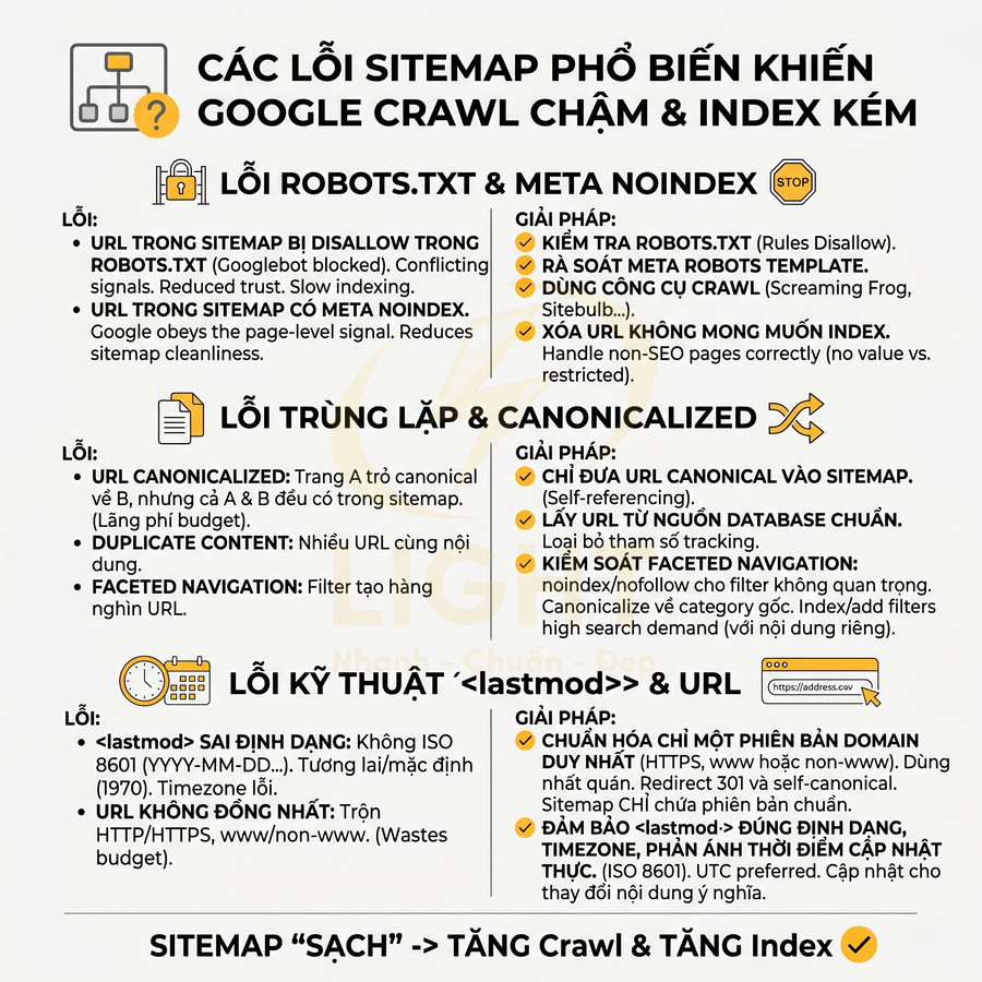 Các lỗi sitemap phổ biến khiến Google crawl chậm và index kém cùng giải pháp tối ưu SEO
