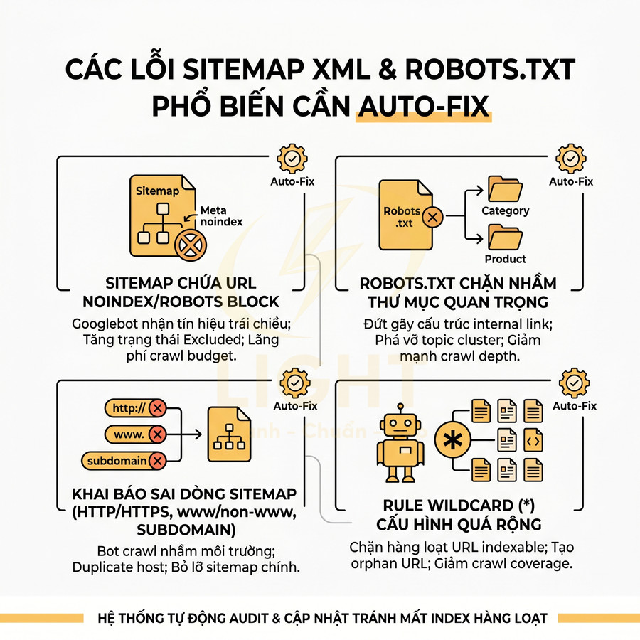 Infographic các lỗi sitemap XML và robots.txt phổ biến và giải pháp auto fix cho tối ưu SEO website