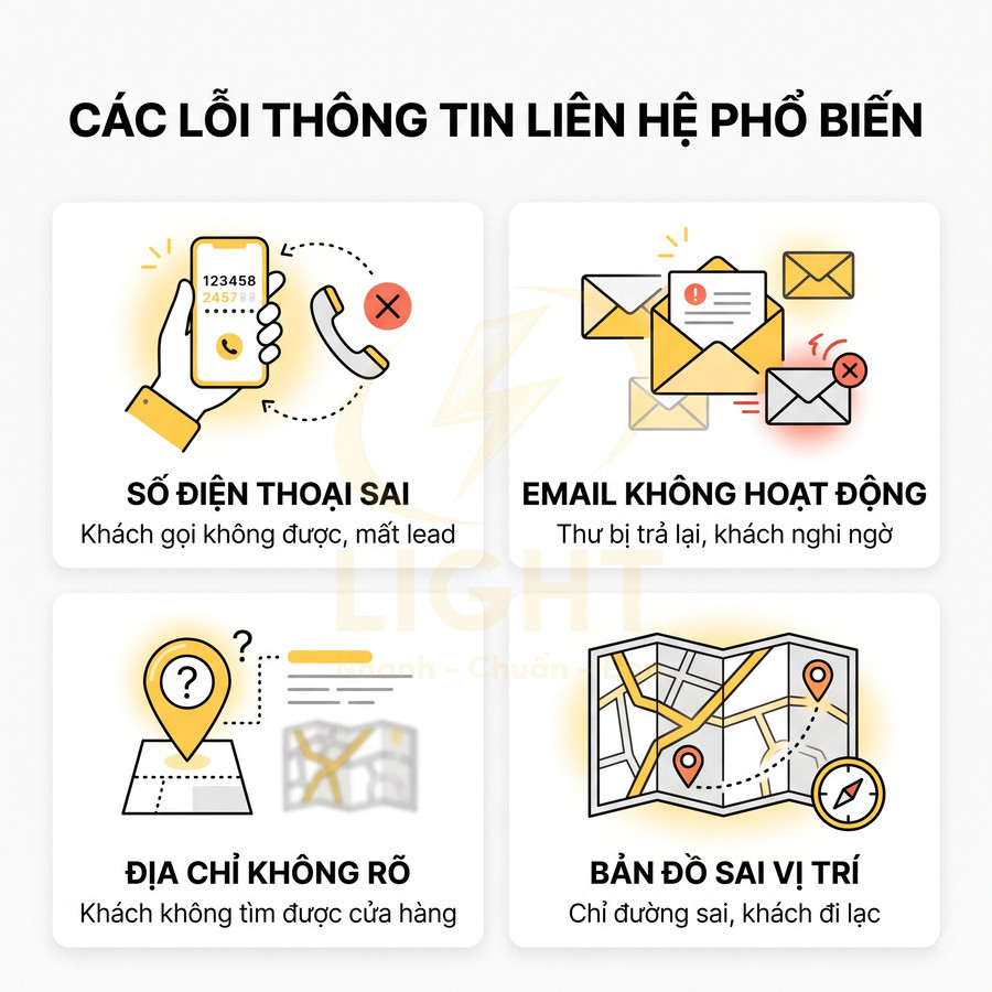 Minh họa các lỗi thông tin liên hệ phổ biến: số điện thoại sai, email lỗi, địa chỉ mơ hồ, bản đồ sai vị trí