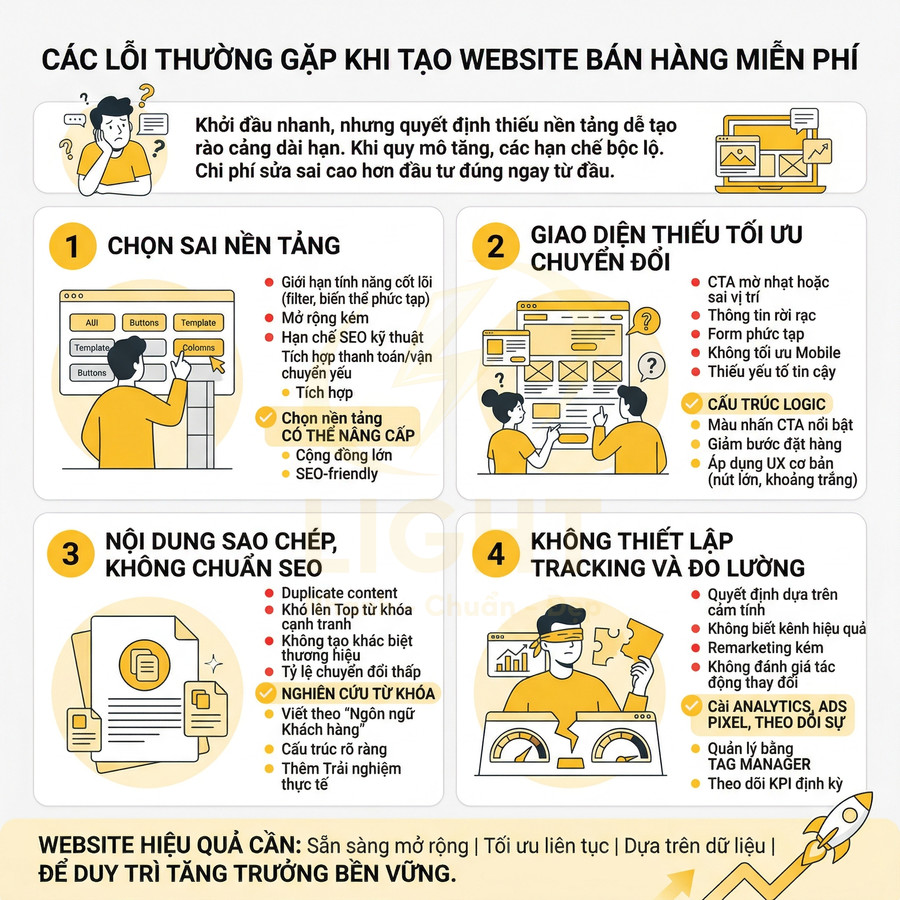 Infographic các lỗi thường gặp khi tạo website bán hàng miễn phí và gợi ý tối ưu SEO, giao diện, nội dung, tracking