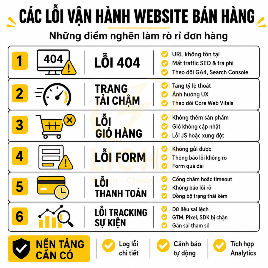 Các lỗi vận hành website bán hàng phổ biến như 404, trang tải chậm, lỗi giỏ hàng, form, thanh toán, tracking