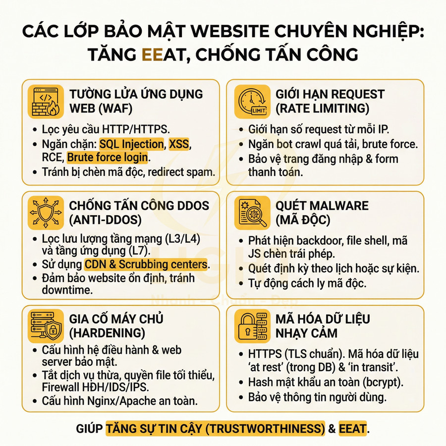 Các lớp bảo mật website chuyên nghiệp giúp tăng EEAT và chống tấn công, gồm WAF, chống DDoS, quét malware, mã hóa dữ liệu