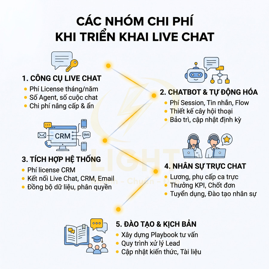 Các nhóm chi phí khi triển khai live chat gồm công cụ, chatbot, tích hợp hệ thống, nhân sự và đào tạo