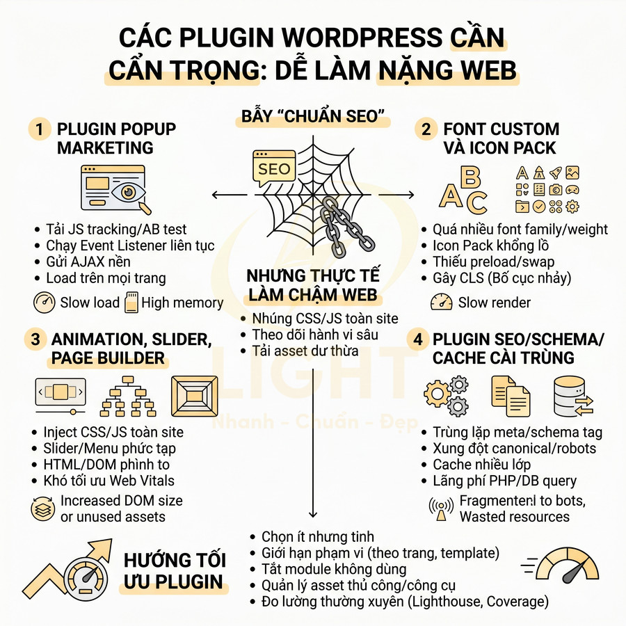 Các loại plugin WordPress dễ làm nặng web và hướng dẫn tối ưu plugin để cải thiện tốc độ tải trang