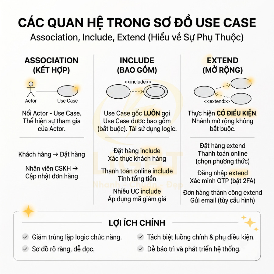 Sơ đồ minh họa các quan hệ Association Include Extend trong use case và lợi ích chính khi thiết kế hệ thống