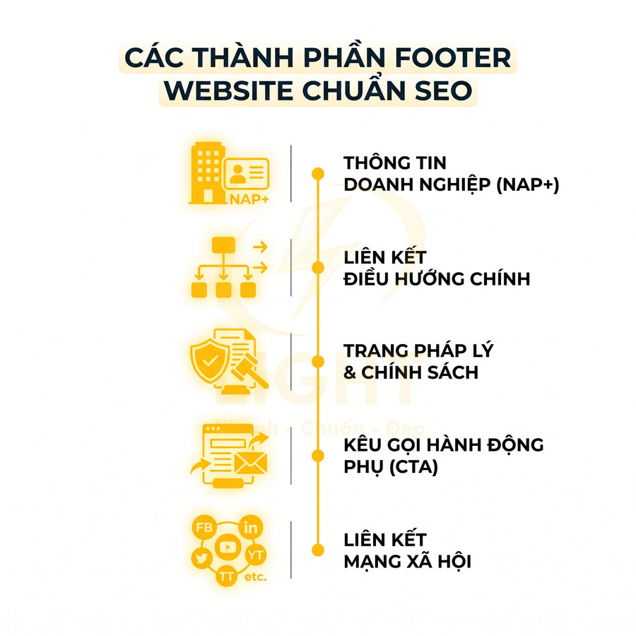 Các thành phần footer website chuẩn SEO với thông tin doanh nghiệp, liên kết, CTA và mạng xã hội