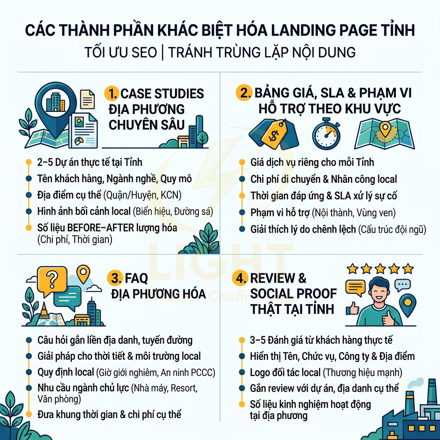 Infographic các thành phần khác biệt hóa landing page tỉnh để tối ưu SEO và tránh trùng lặp nội dung