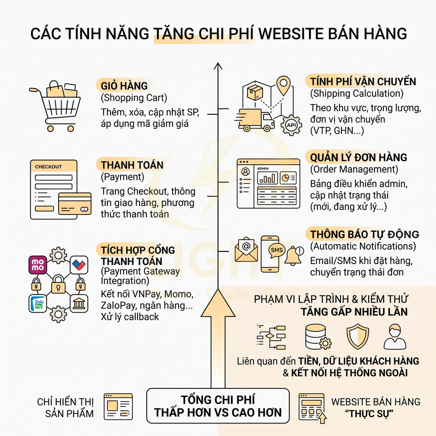 Các tính năng làm tăng chi phí xây dựng website bán hàng chuyên nghiệp và tích hợp thanh toán, vận chuyển