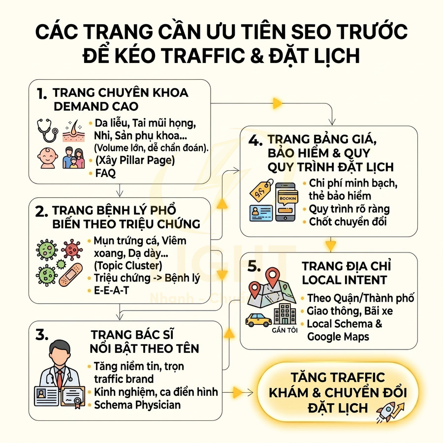 Checklist các trang ưu tiên SEO cho phòng khám để tăng traffic và chuyển đổi đặt lịch khám