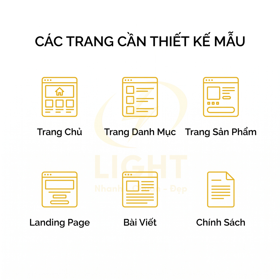 Mẫu thiết kế website với các trang cơ bản: trang chủ, danh mục, sản phẩm, landing page, bài viết, chính sách