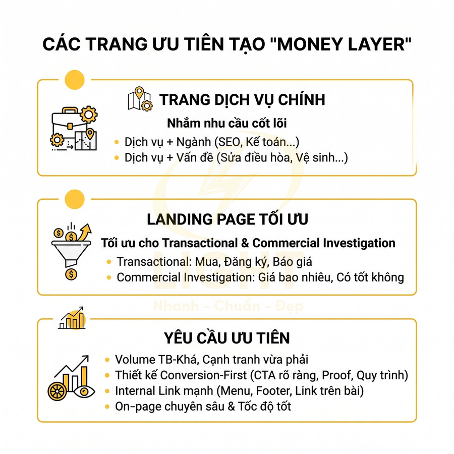 Các trang ưu tiên tạo money layer gồm trang dịch vụ chính, landing page tối ưu và yêu cầu ưu tiên SEO
