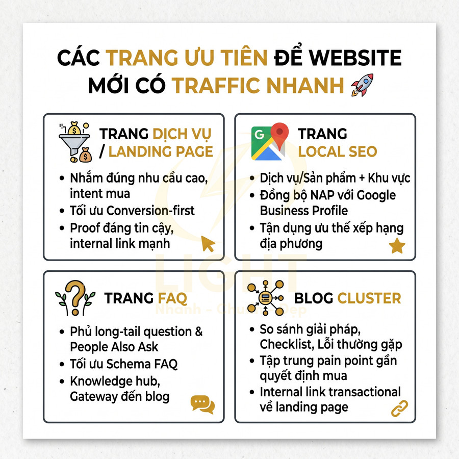 Infographic các loại trang ưu tiên SEO giúp website mới tăng traffic nhanh gồm landing page, local SEO, FAQ và blog cluster