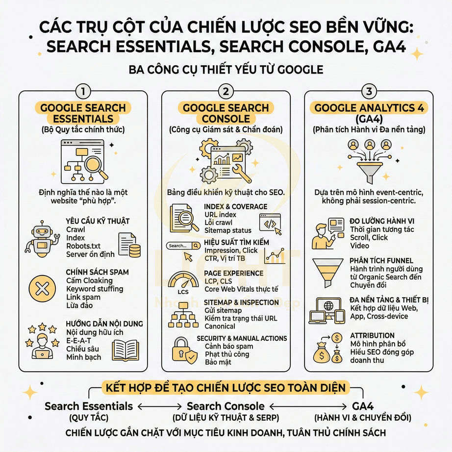 Các trụ cột chiến lược SEO bền vững với Google Search Essentials, Search Console và Google Analytics 4 GA4