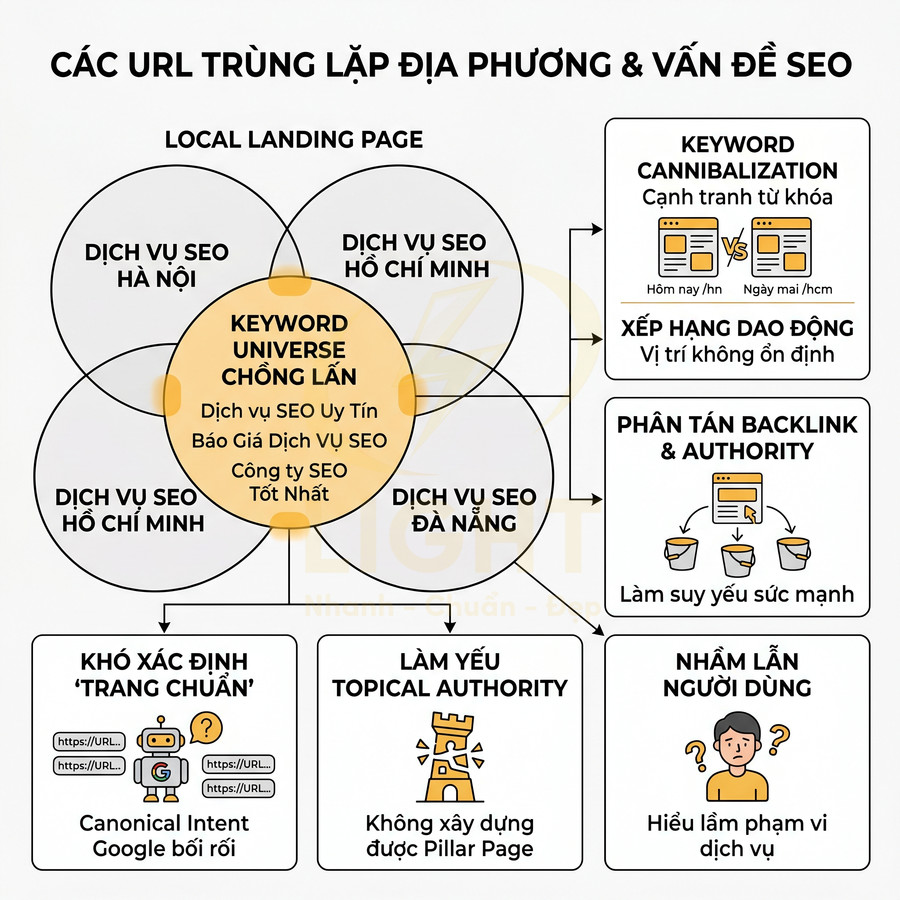 Mô tả vấn đề trùng lặp URL địa phương trong dịch vụ SEO và hậu quả với thứ hạng, backlink, người dùng