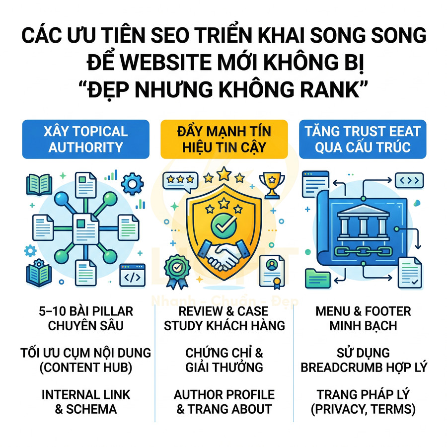 Các ưu tiên SEO cho website mới gồm topical authority, tín hiệu tin cậy và tăng trust EEAT qua cấu trúc