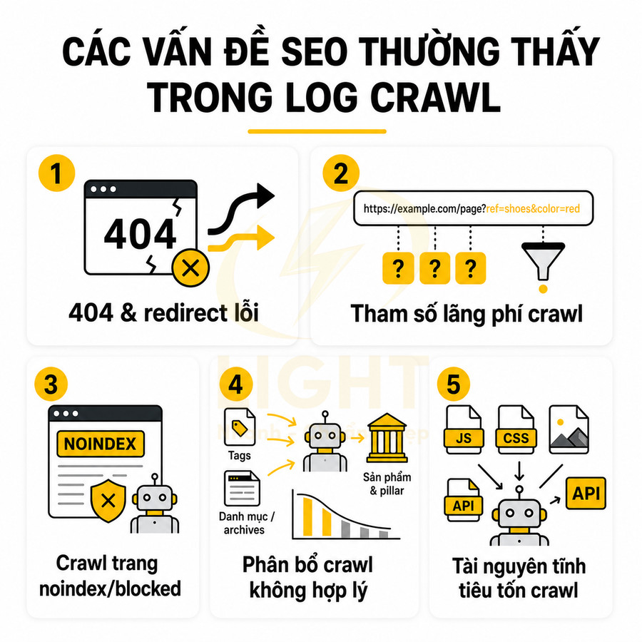 Các vấn đề SEO thường gặp trong log crawl như lỗi 404, tham số URL, crawl noindex, phân bổ crawl sai, tốn crawl tài nguyên