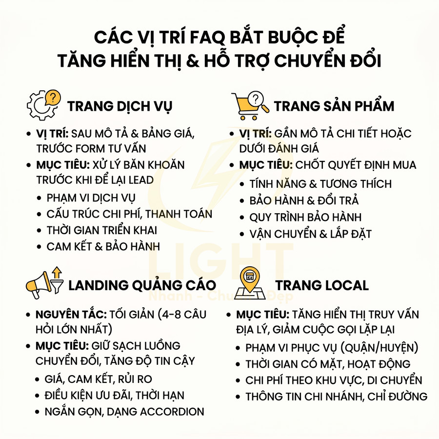 Infographic vị trí đặt FAQ trên trang dịch vụ, sản phẩm, landing quảng cáo và trang local để tăng hiển thị, hỗ trợ chuyển đổi