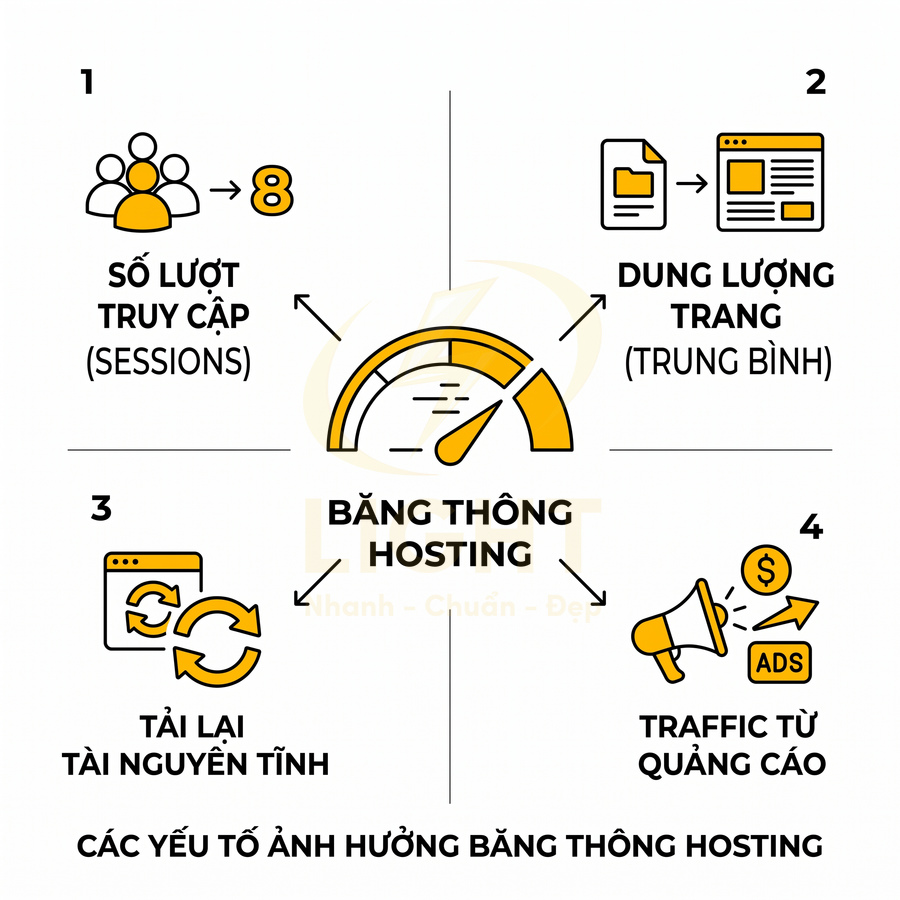 Các yếu tố ảnh hưởng băng thông hosting gồm số lượt truy cập dung lượng trang tải lại tài nguyên tĩnh và traffic quảng cáo