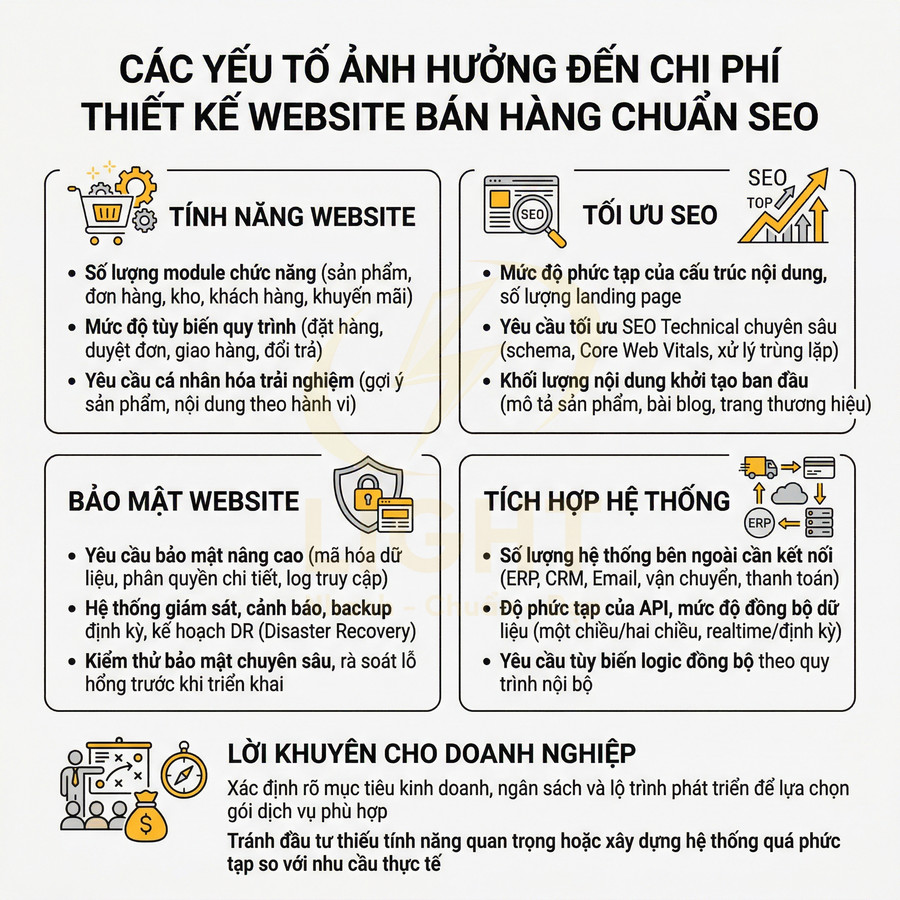 Các yếu tố ảnh hưởng chi phí thiết kế website bán hàng chuẩn SEO và lời khuyên cho doanh nghiệp