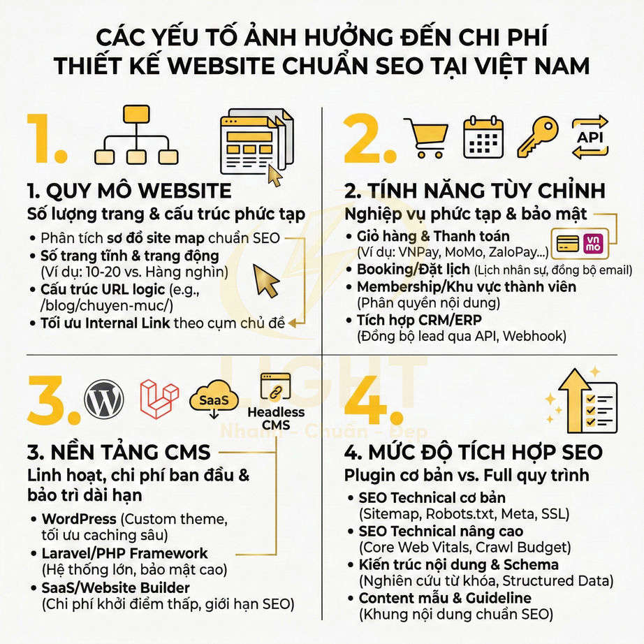 Infographic các yếu tố ảnh hưởng chi phí thiết kế website chuẩn SEO tại Việt Nam